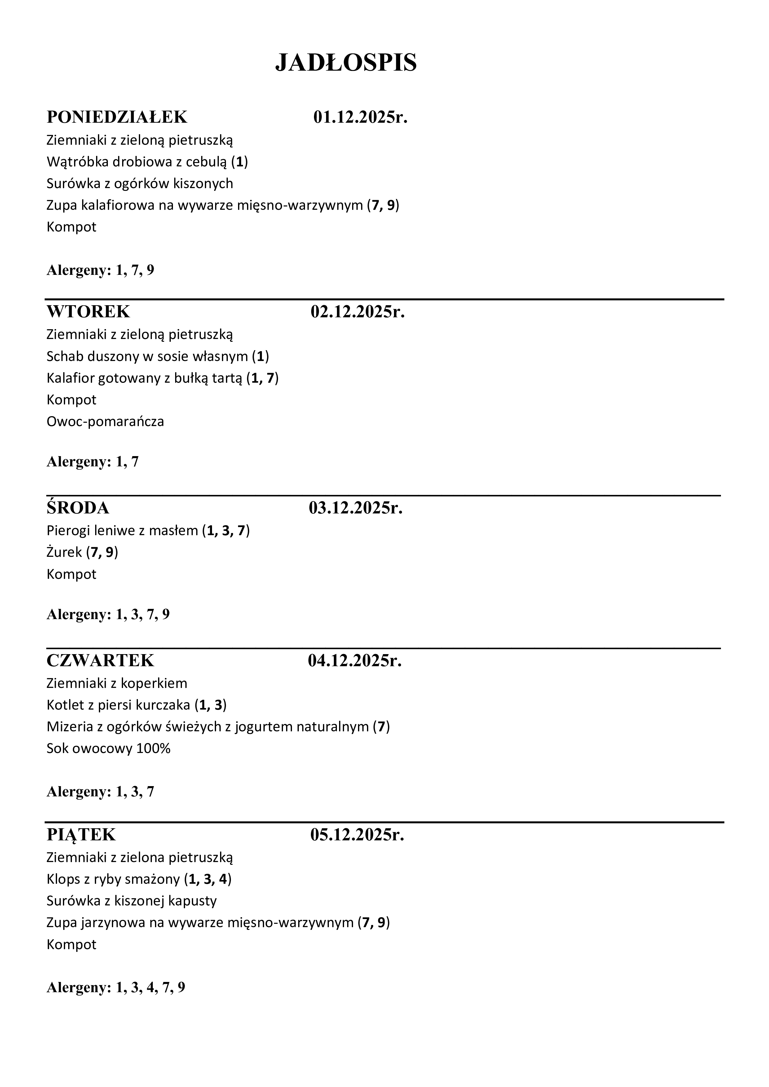 Jadłospis 01.12 - 05.12