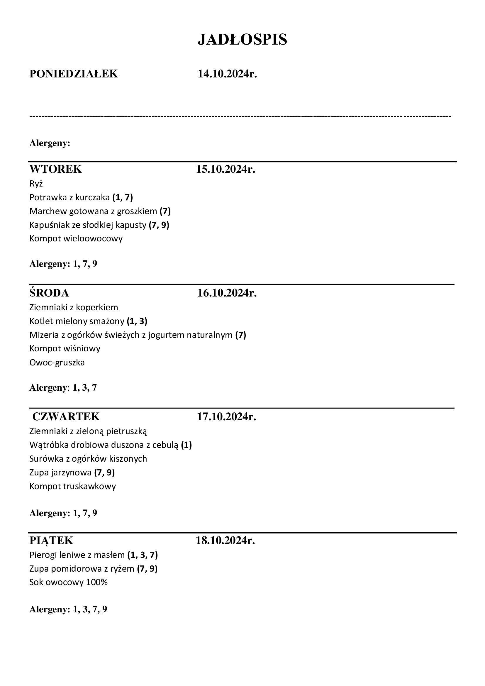Jadłospis 15.10 - 18.10