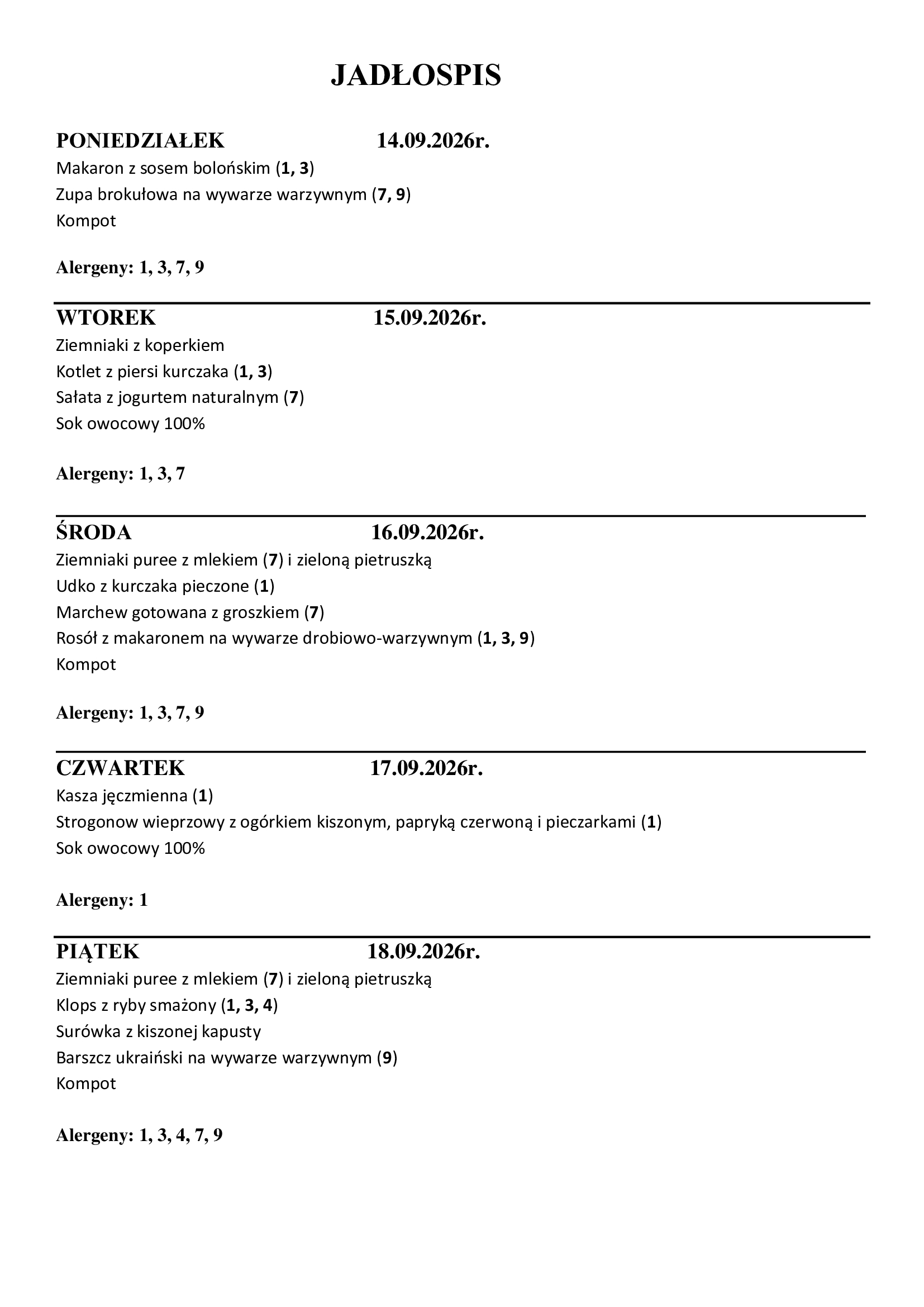 Jadłospis 14.09 - 18.09